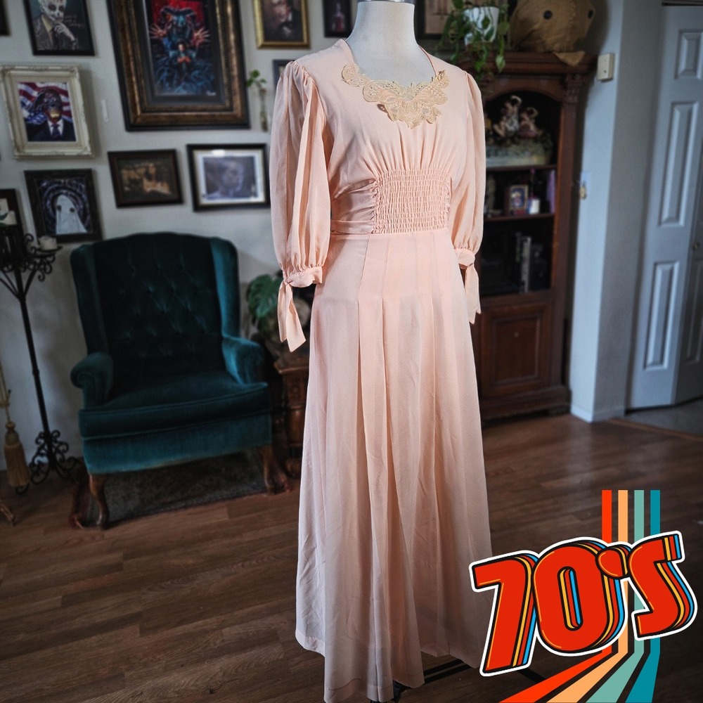 Malibu Media‎ Maxi Dress Vintage 70s Peach Lace Smocked Waist Balloon Sleeve